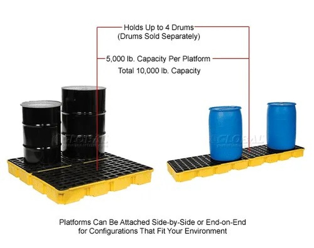 4 Drum Spill Containment Modular Platform - 2 Piece - Yellow with No Drain