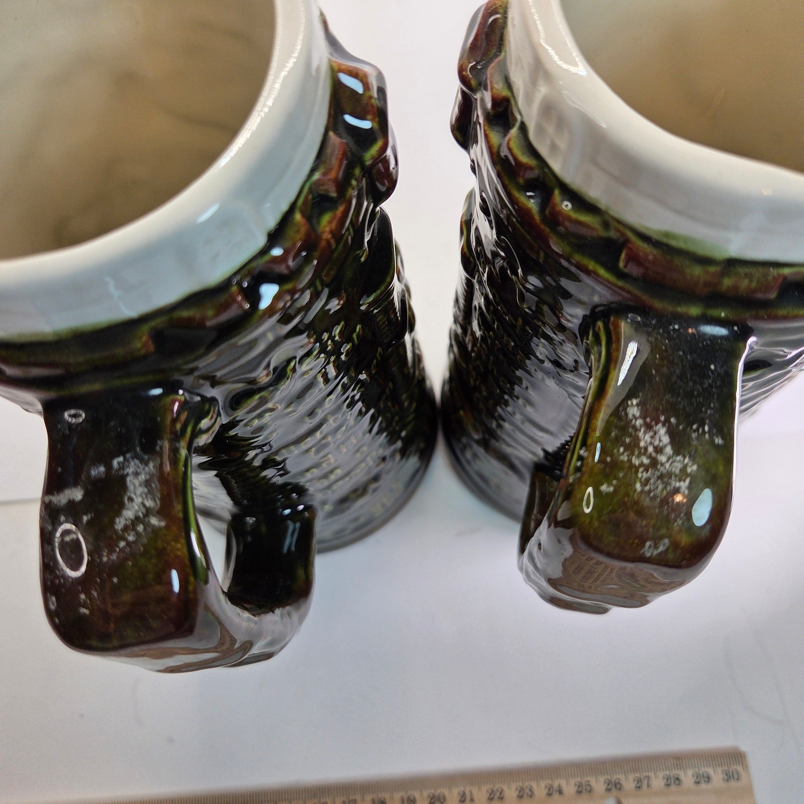 Vintage German Style Beer Steins Pair Signed “Sam :)” 8.5” Brown Glaze