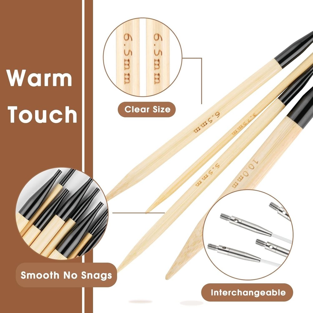 Bamboo Knitting Needles Set, 5-Inch Interchangeable Circular Knitting Needles...