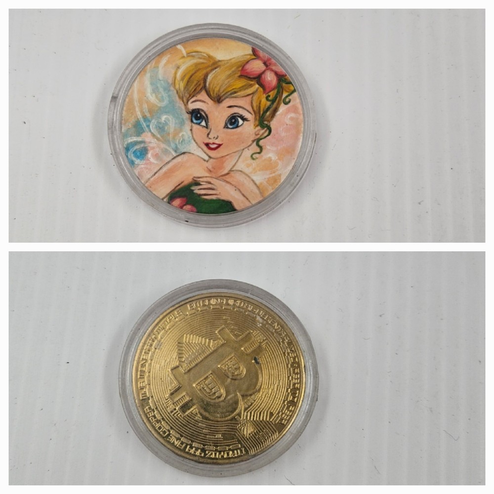 physical Bitcoin coin with Tinker Bell