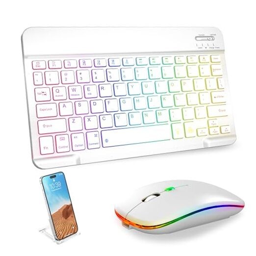 Bluetooth Keyboard & Mouse Combo for iPad - Rechargeable RGB Wireless Set White