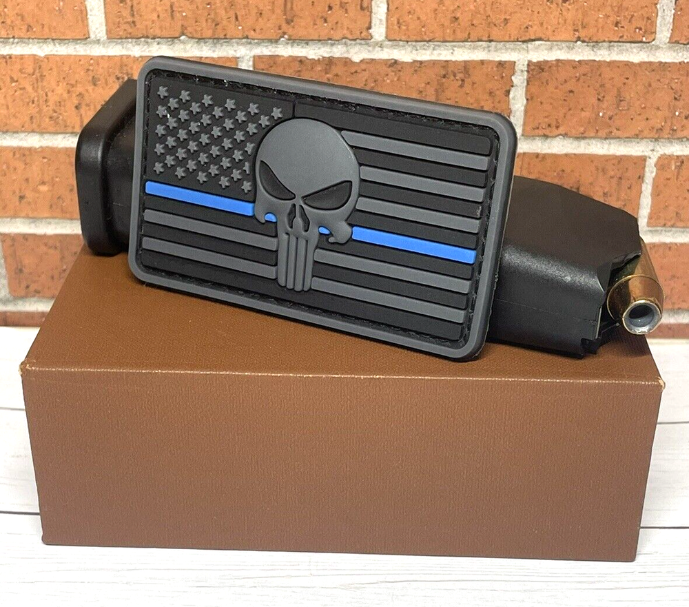 Punisher PVC Patch, Thin Blue Line Tactical Blue Black Gray USA Flag, Hook Loop