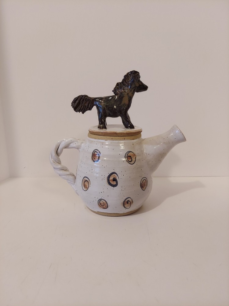 Horse Figure Lid Handmade Ceramic Teapot Signed