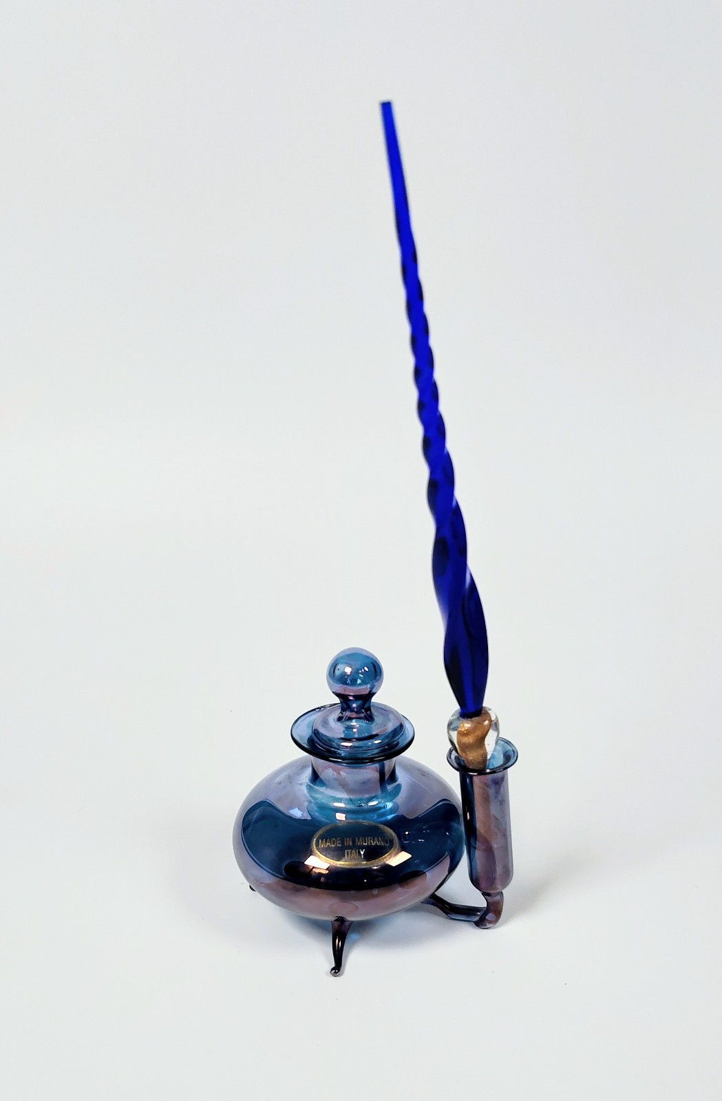 Rare 1960's Murano Glass Inkwell & Dip Pen Set – Cobalt Iridescent Signed Italy