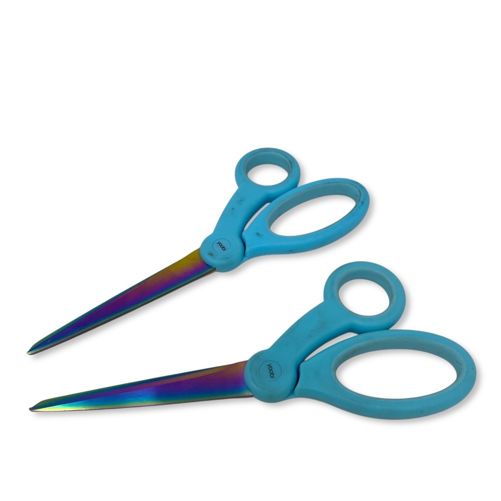 Yoobi Multi-Purpose Scissors, Blue Handle Rainbow Iridescent Blades, 2 Pcs