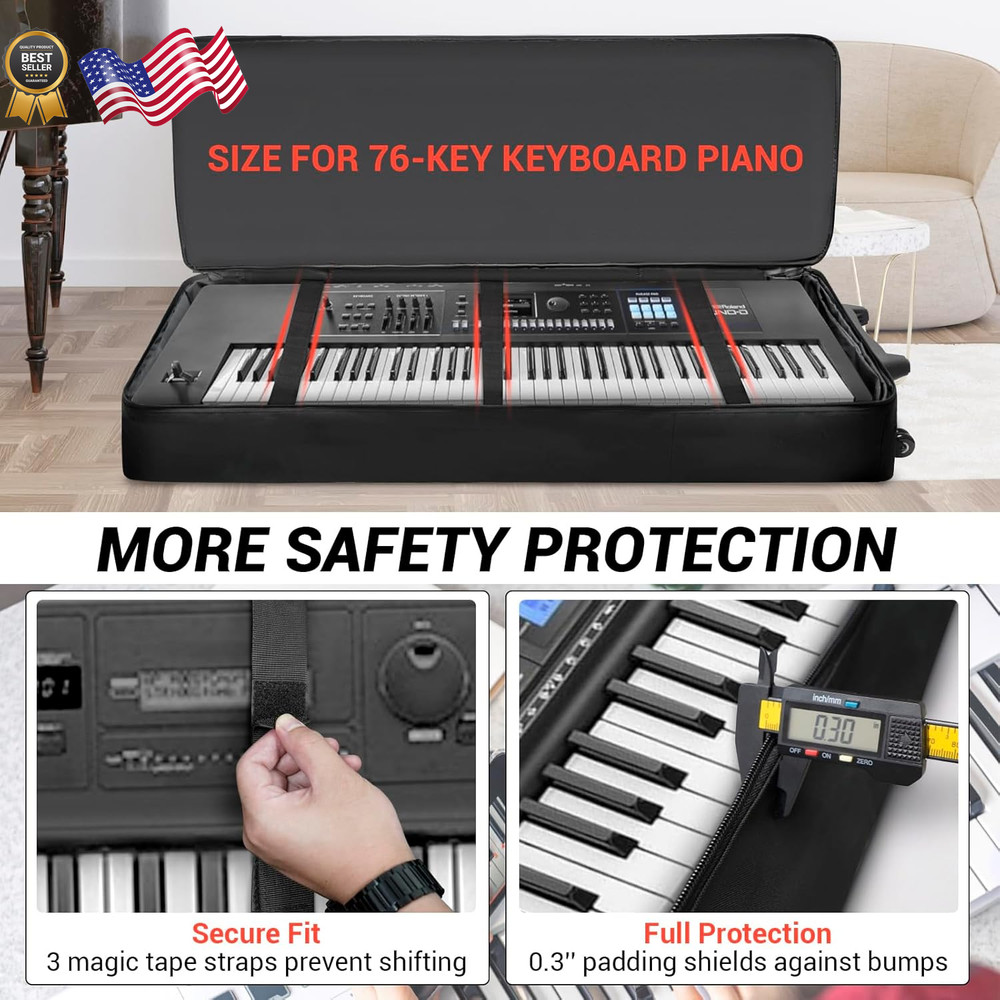 73/76 Key Keyboard Case with Wheels & Adjustable Shoulder Straps– Padded Rolling