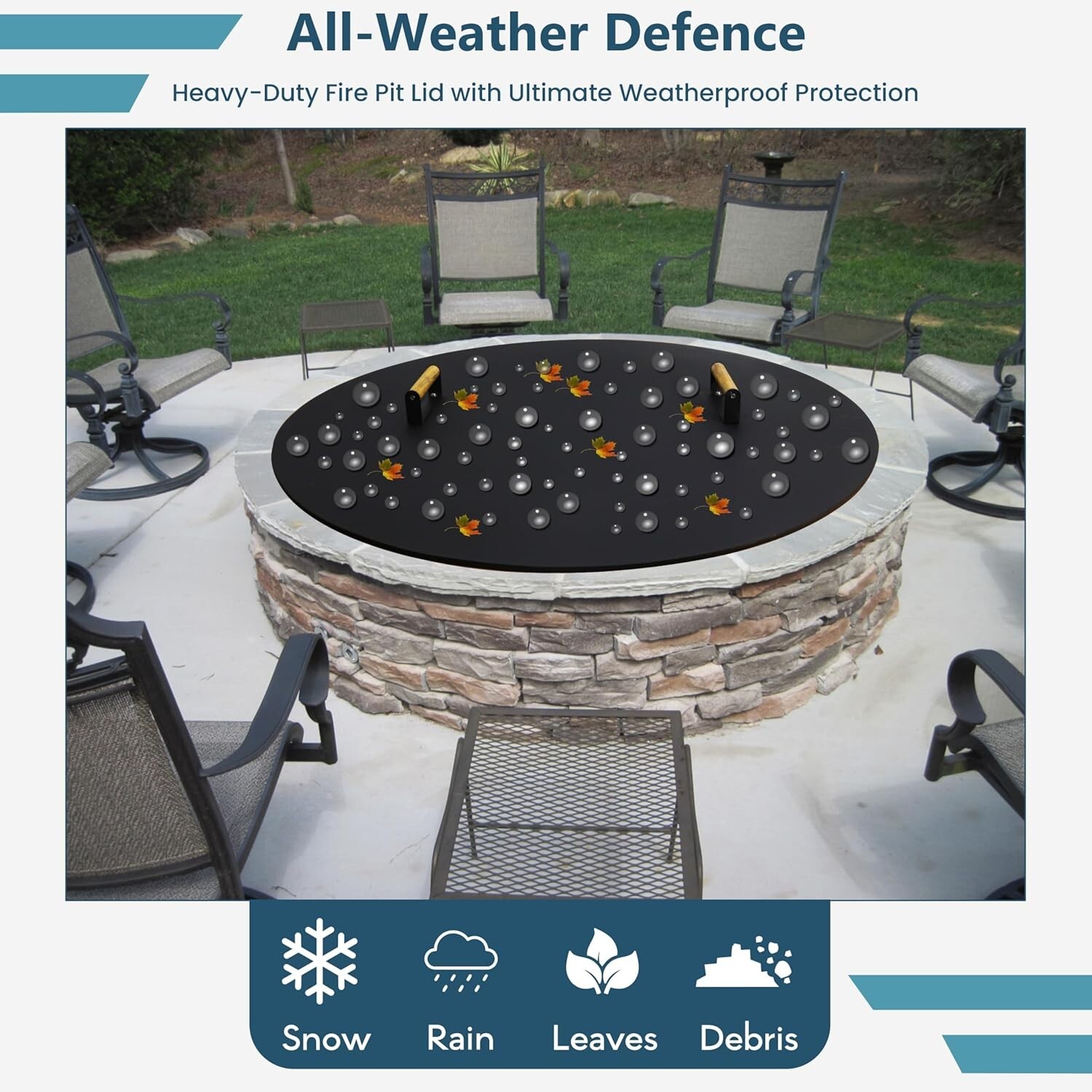 Round Fire Pit Lid - 38 inch fire pit lid Metal W/Wooden Handles Fit