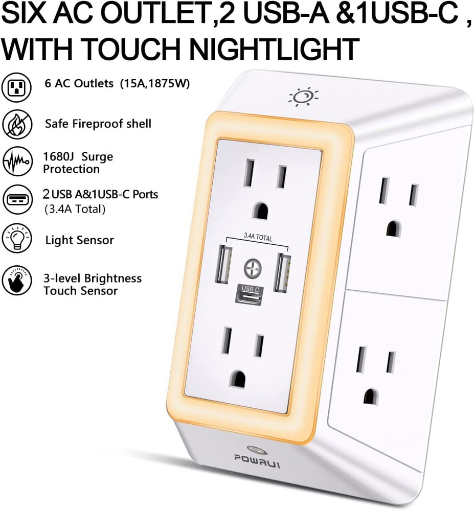 Multi Plug Outlet Surge Protector - 6 Outlet Extender with 3 USB Ports (