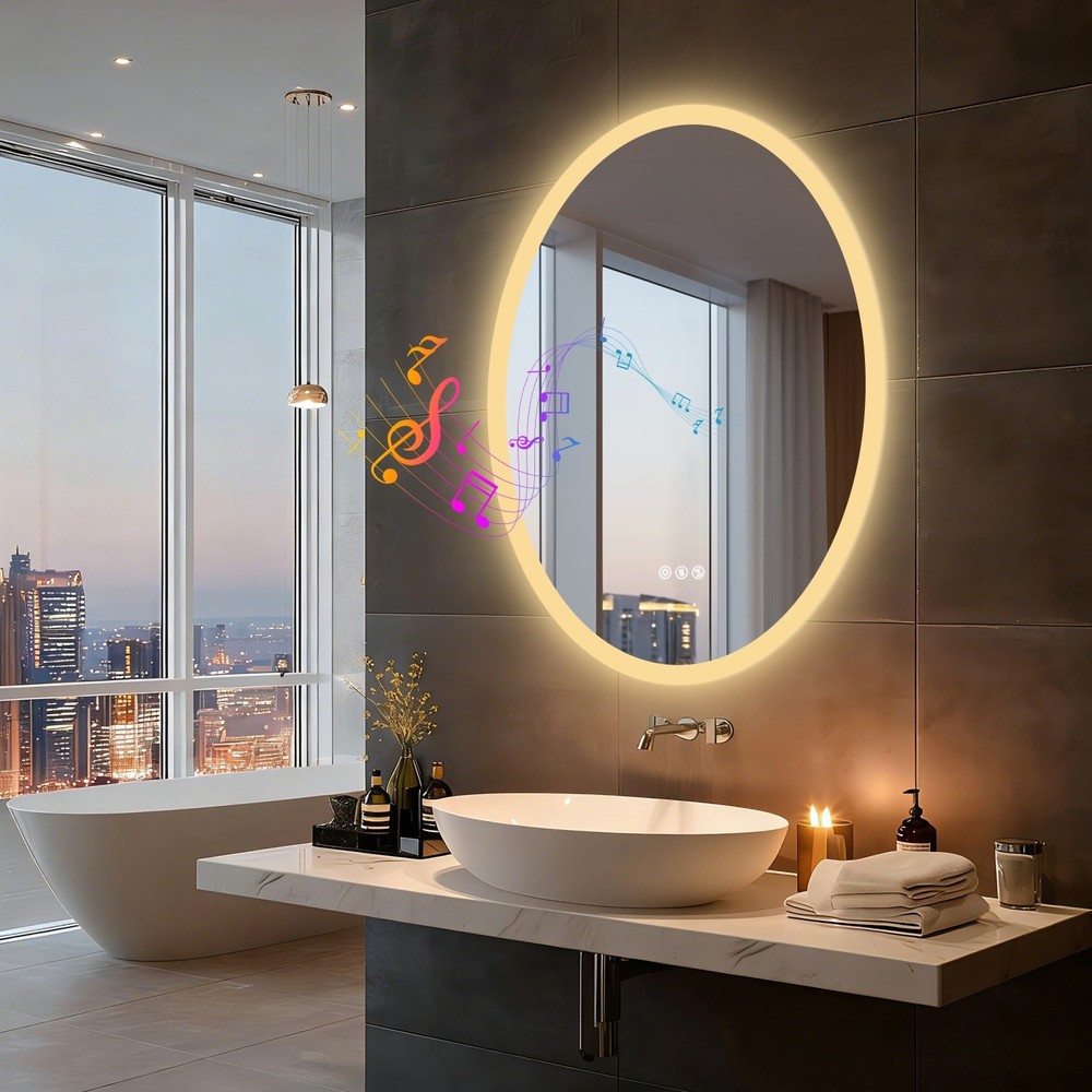 Oval LED Bathroom Bluetooth Mirror Touch Antifog Memory 3 Color Light Adjustable