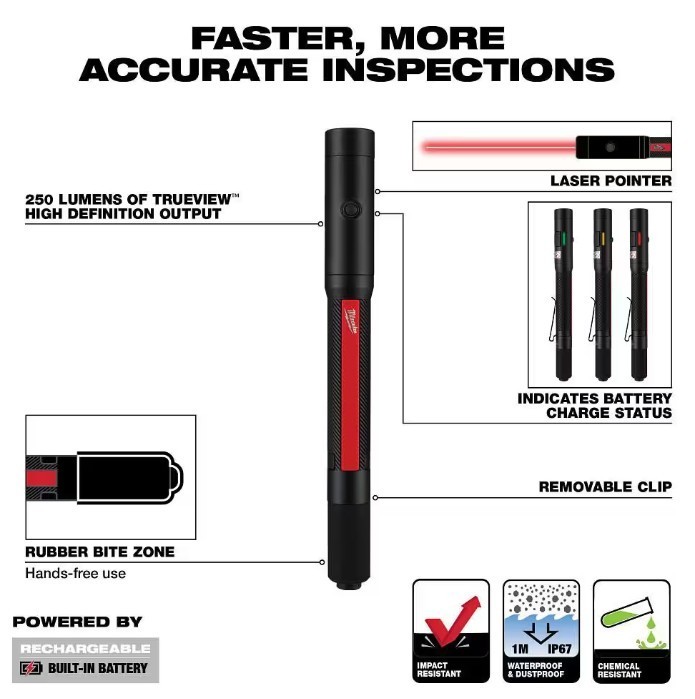 Milwaukee 2010R w/ Built-In Rechargeable Battery 250L Pen Light w/ Laser USB-C