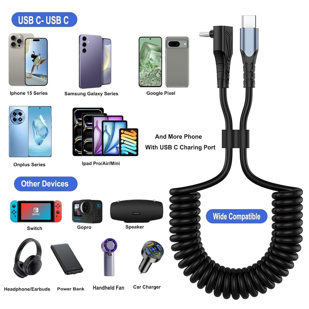 2 Pack Coiled USB C to C Cable - 90 Degree Right Angle Type C, 60W Fast...