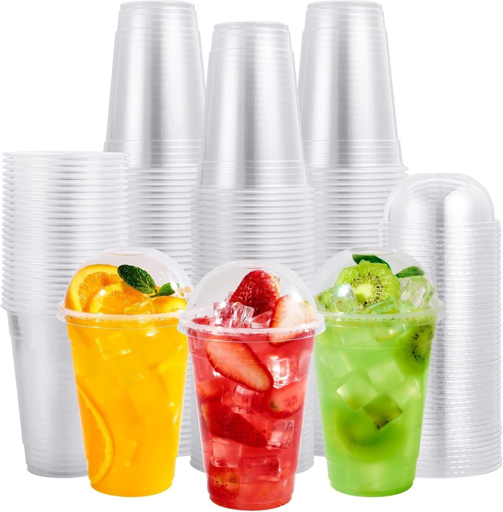 Clear Plastic Cups with Lids, Disposable Cold Drinking Cups, 16