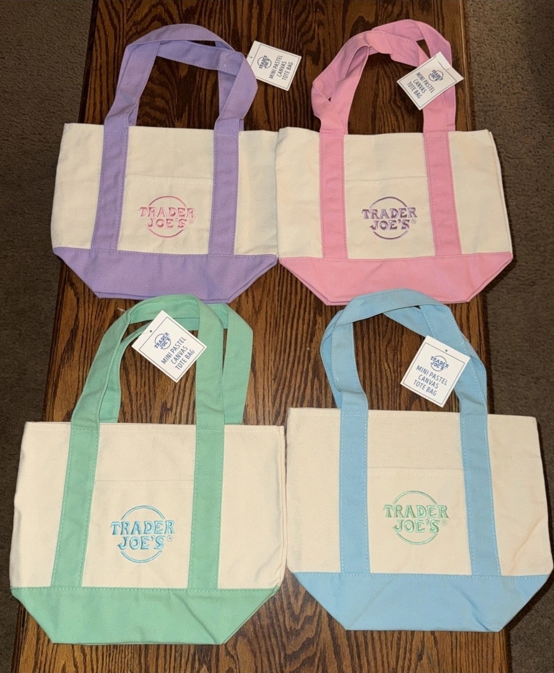 Spring 2026 Trader Joe’s Mini Pastel Canvas Tote Bag Set Of 4 IN HAND
