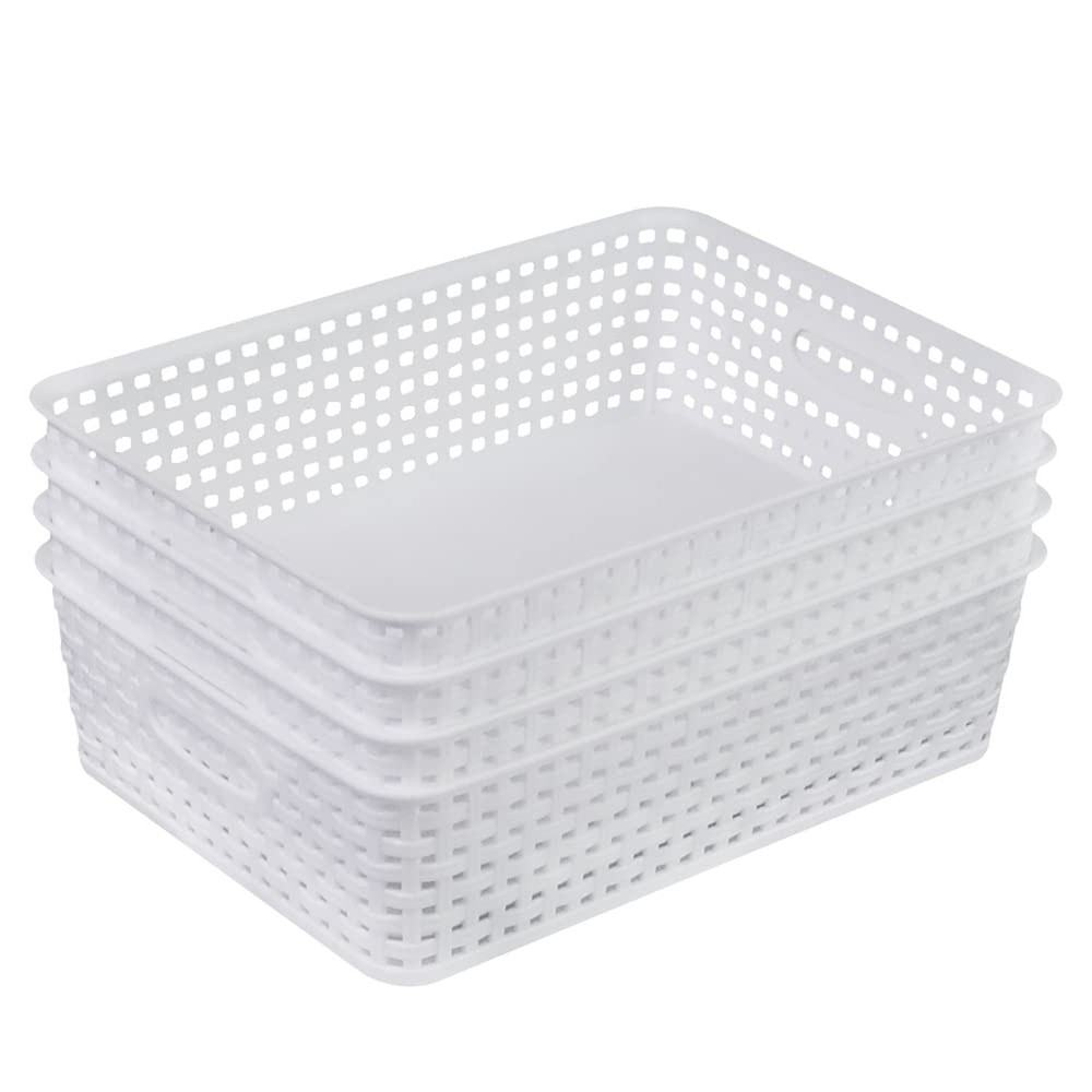 4-Pack White Plastic Basket Trays, Shallow Paper Storage Baskets