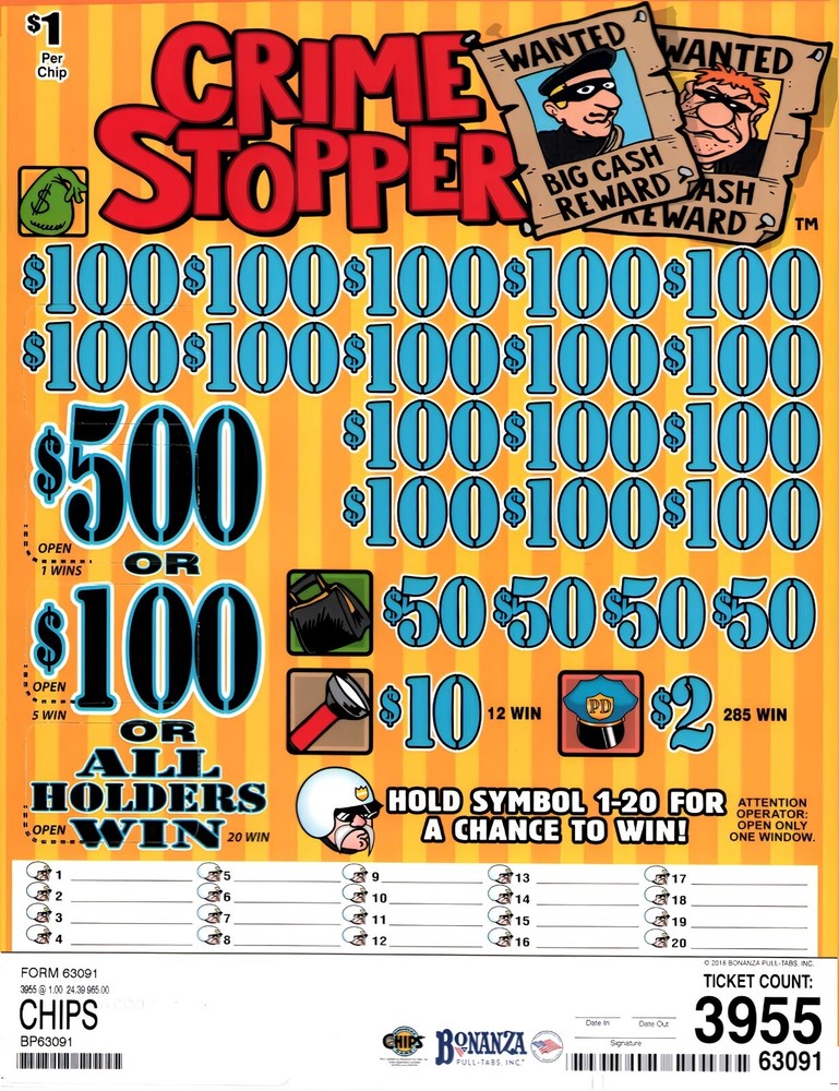 Pull Tab Tickets - Chips - Game - Crime Stopper - 3,955 ct