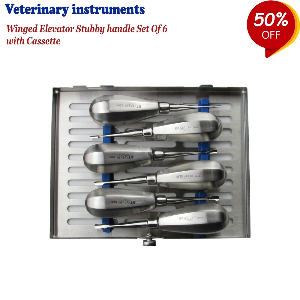 DENTAL VETERINARY INSTRUMENTS Cassette Of Winged Elevators Stubby Handle 6 PCs