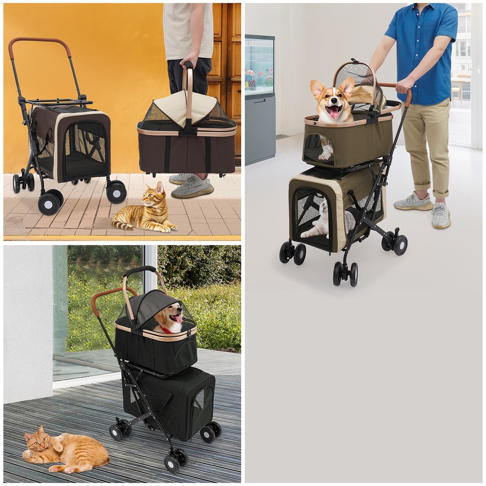Two-Tier Pet Stroller for Dogs & Cats, Holds 77 lbs, Foldable, Black