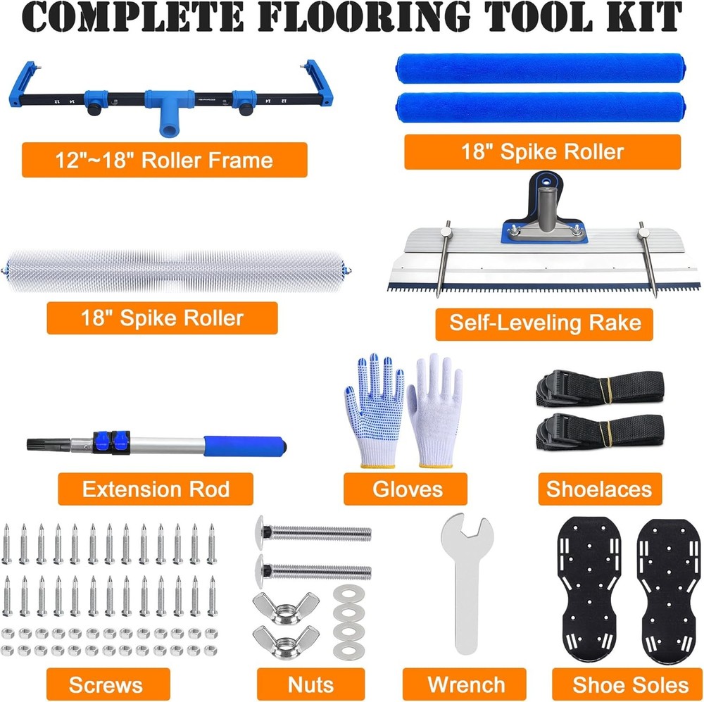 Self-Leveling Cement Tool Kit, 18-Inch Spike Roller with Extension Pole, Paint R
