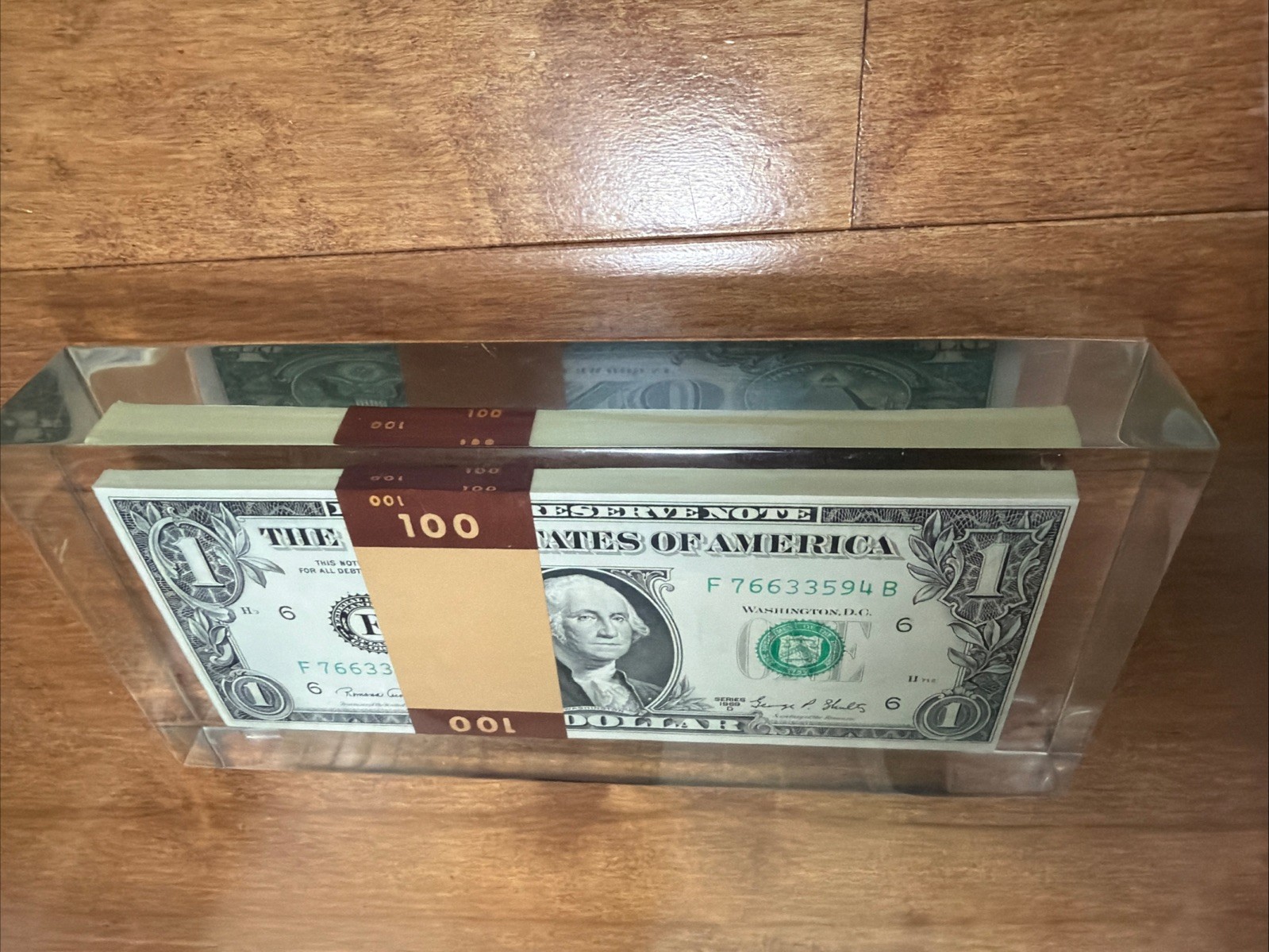 Vintage 100 1969 One Dollar Bills In Acrylic/Lucite $100 Paperweight!