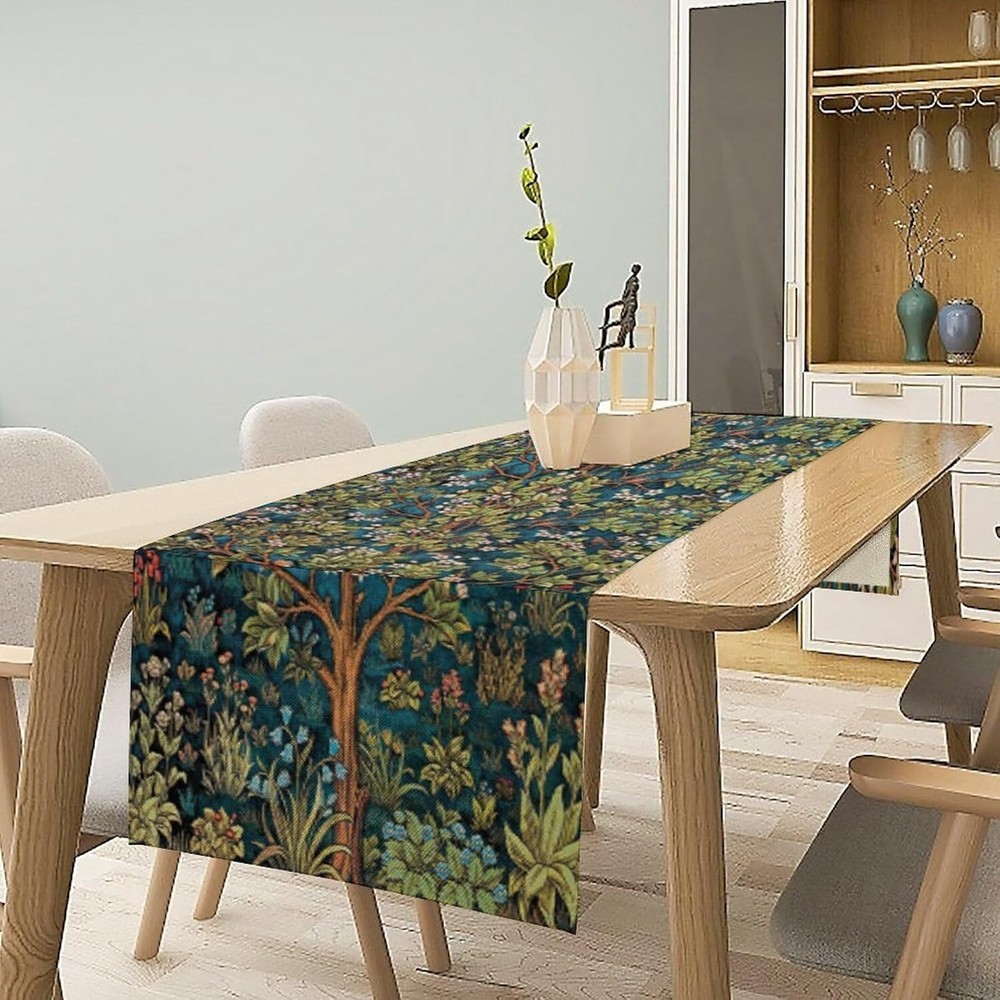William Morris Floral Table Runner, Vintage Green Botanical Printed Table Runner
