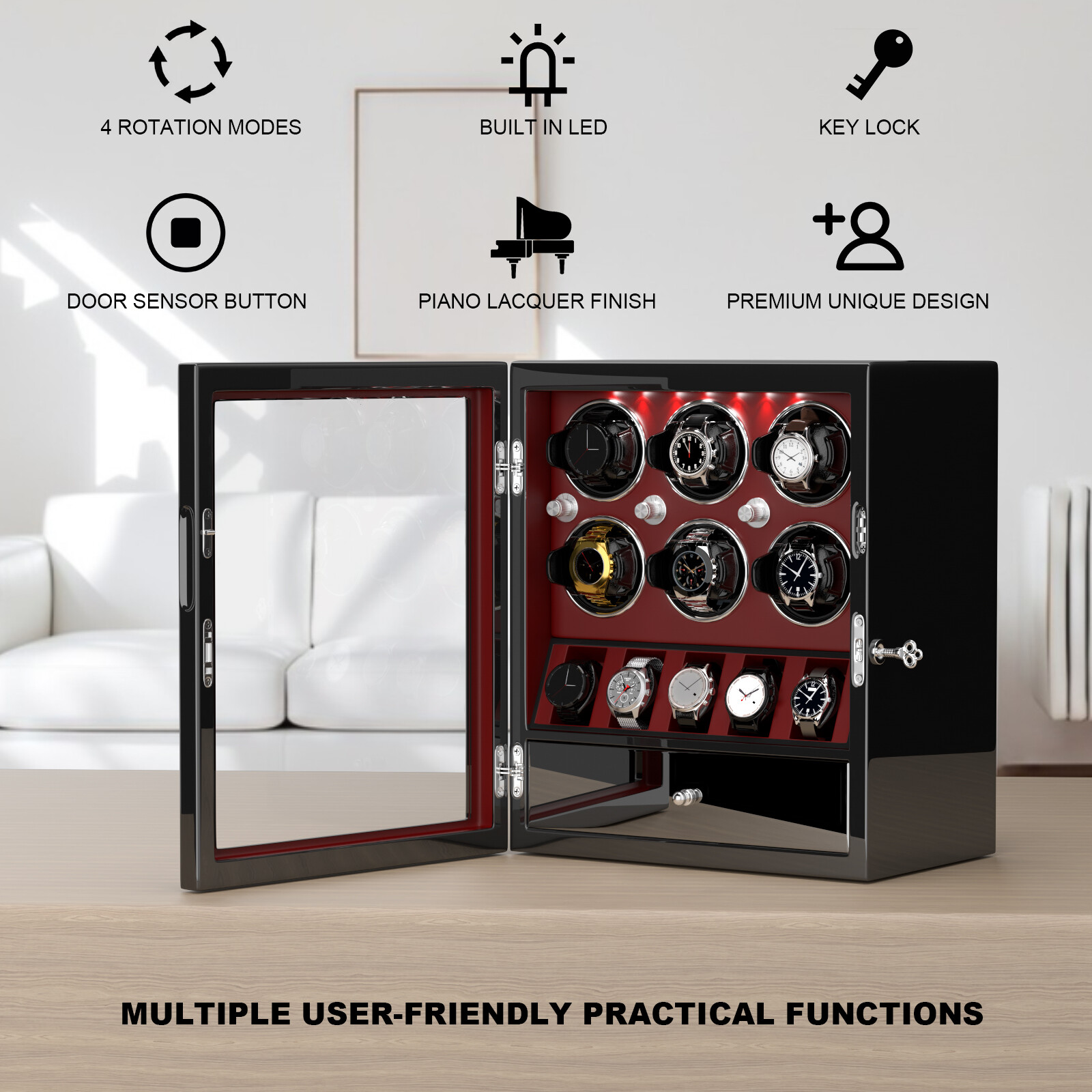 DUKWIN Automatic 6 Watch Winder with 5 Watches Display Storage Case Box LED Red