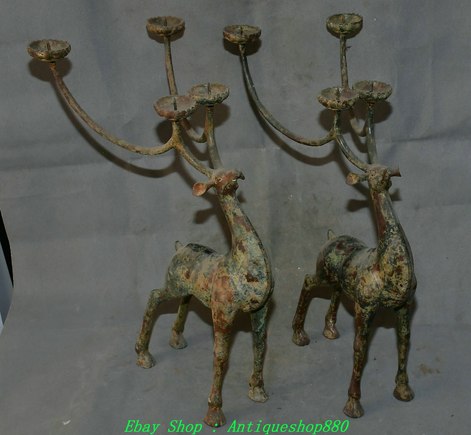 20.8'' Old China Dynasty Bronze Ware Deer Candle Holder Candlestick Statue Pair