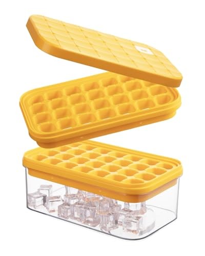 Ice Cube Tray with Lid&Bin, Ice Cube Mold with 56 Cubes, Stackable Ice Orange