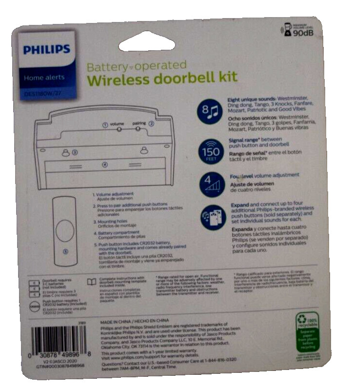 Philips Wireless Doorbell Kit - Chime & Push Button - 8 Sounds -