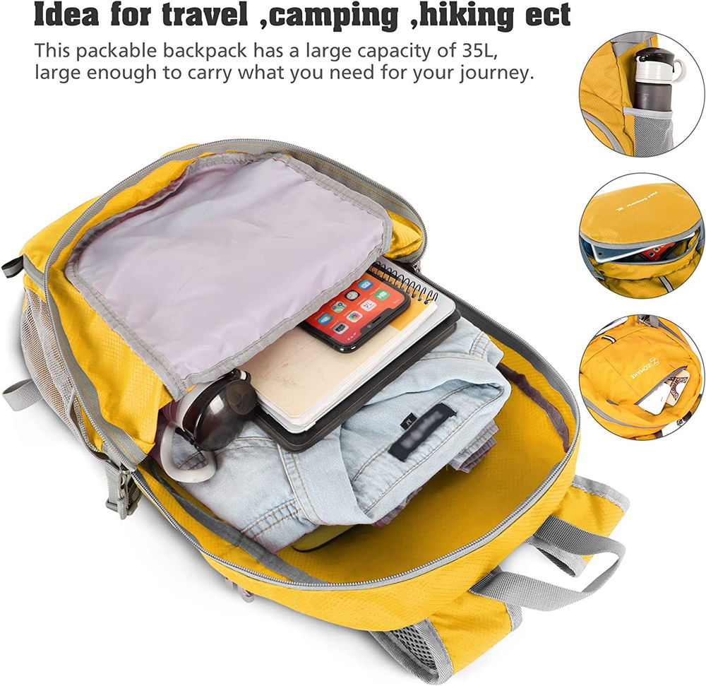ZOMAKE Lightweight Packable Backpack 35L - Light Foldable Hiking 35 L, Yellow