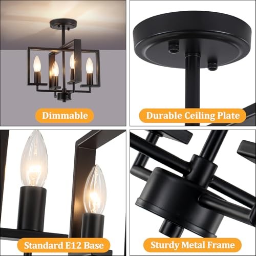4-Light Semi Flush Ceiling Light, Modern Industrial Light 4 Light Black