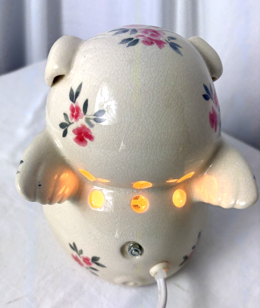 Ceramic Flying Pig Night Light Lamp Roses 6"