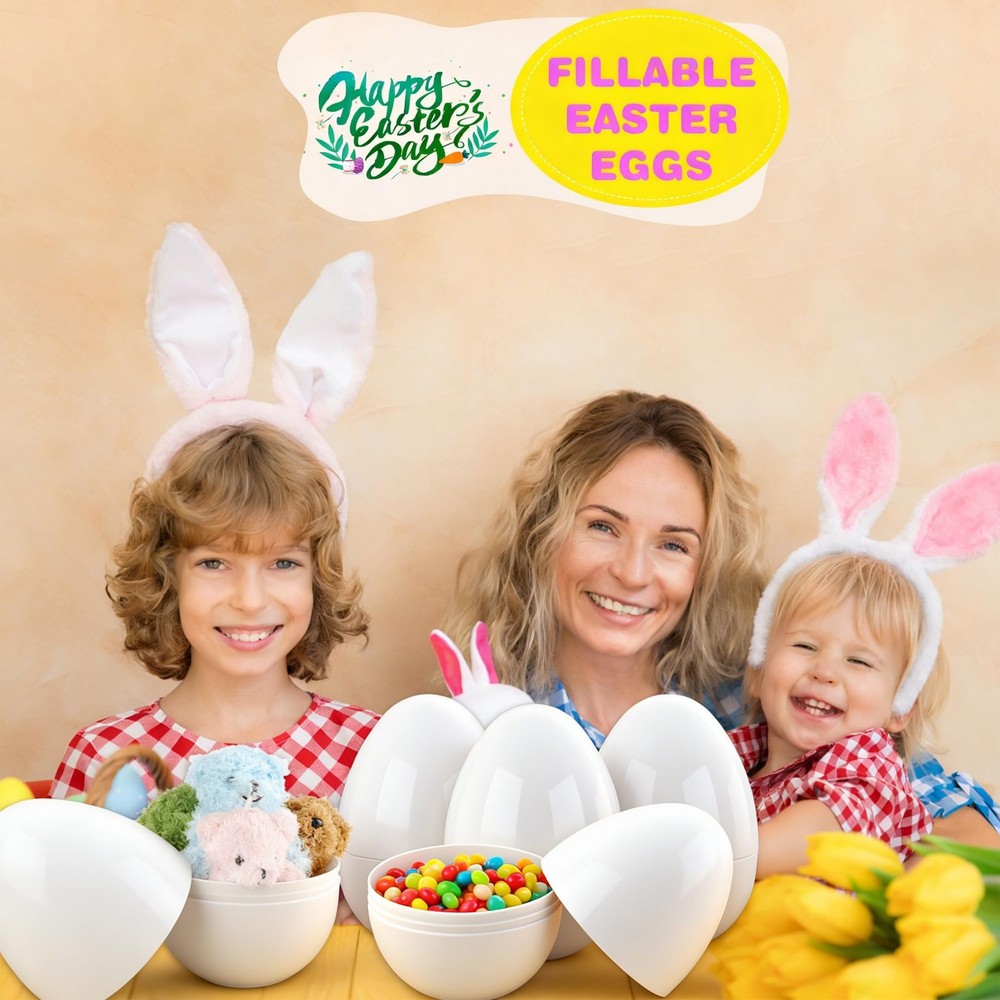 12 Pack 8 Inch Jumbo White Easter Eggs Plastic Fillable White Blank Easter Eg...