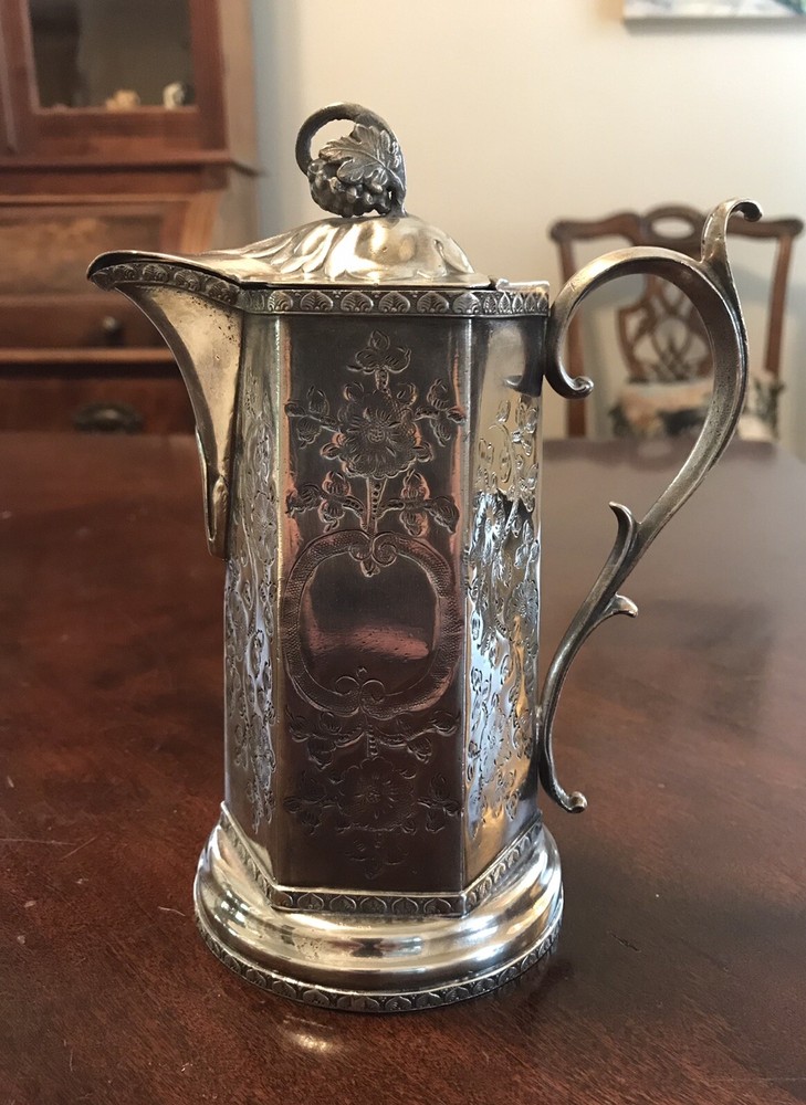 Antique  Victorian Silver Plate Syrup Pitcher Engraved