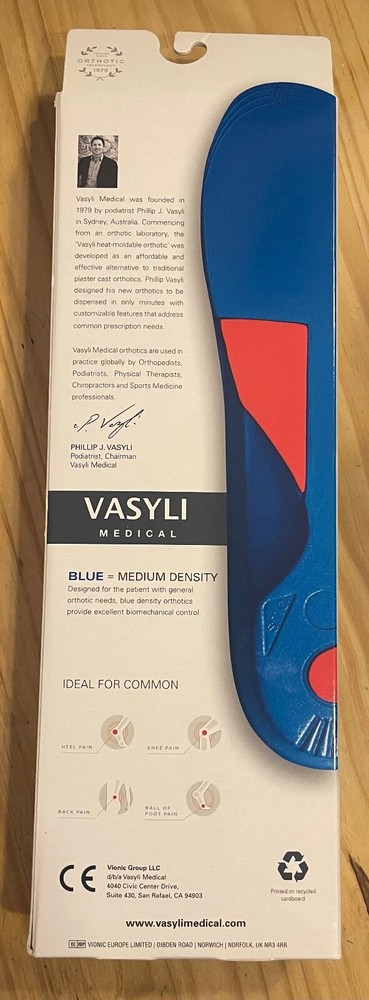 Vasyli Custom Full Length Heat Moldable Orthotics Blue Mid Density SMALL