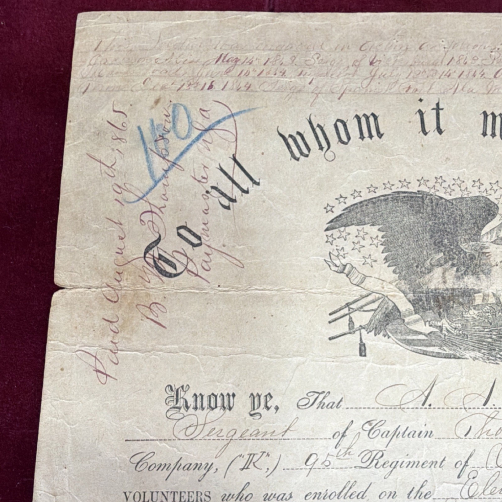 United States Military Discharge Paper Silver War Era Dated August 1865