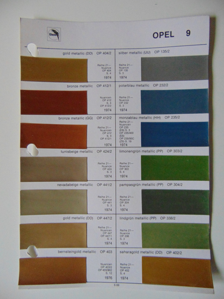 Original Glasurit Opel Paint Chips Sheet - 1974-1976