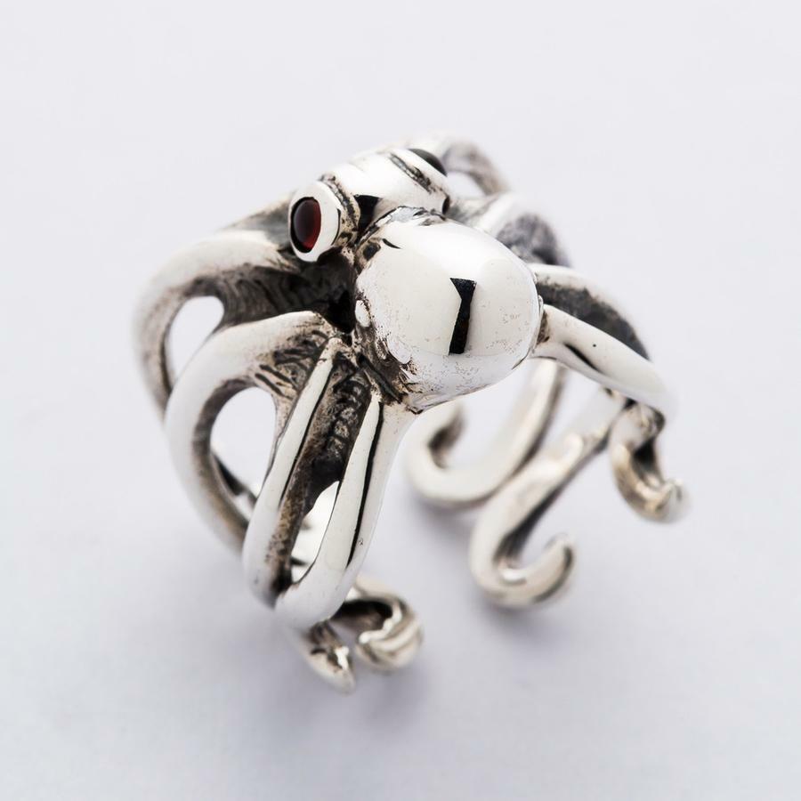 Red Eyes Sterling Silver Octopus Ring