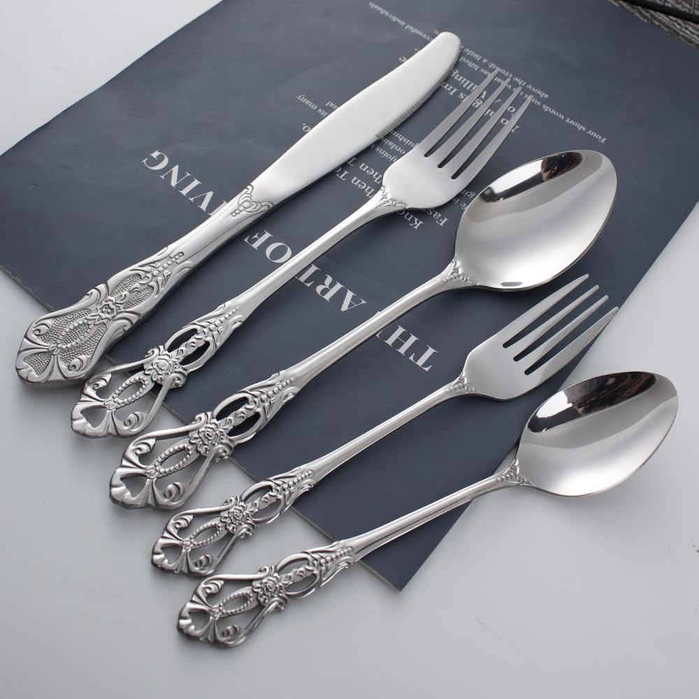 40-Piece Stainless Steel Flatware Set, Silver Silverware Set Service for 8, C...