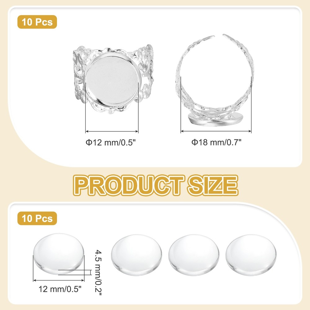 10Pcs Ring Base Blank, 12mm Ring Blank Base with 10Pcs Cabochon(Light Silver)