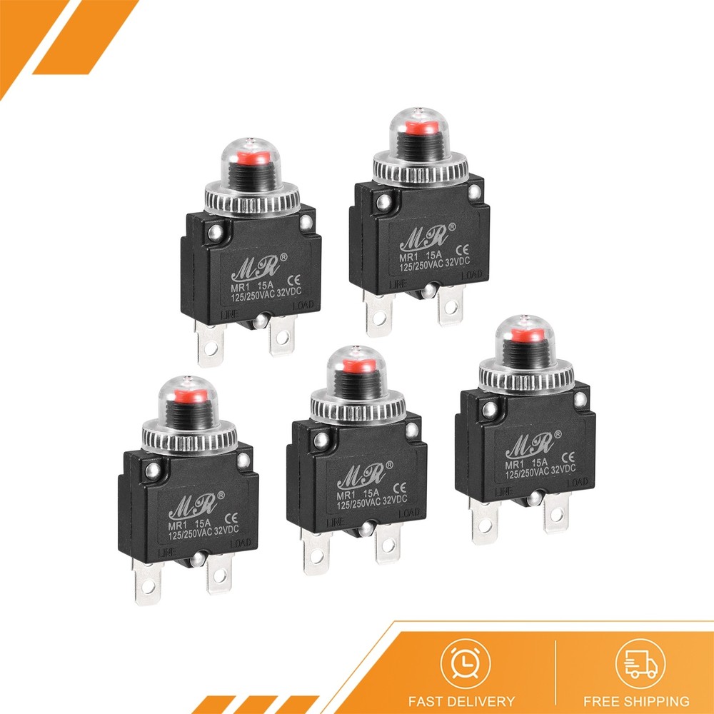 5 x Circuit Overload Protector 15A AC125/250V DC32V Push Button Thermal Breaker