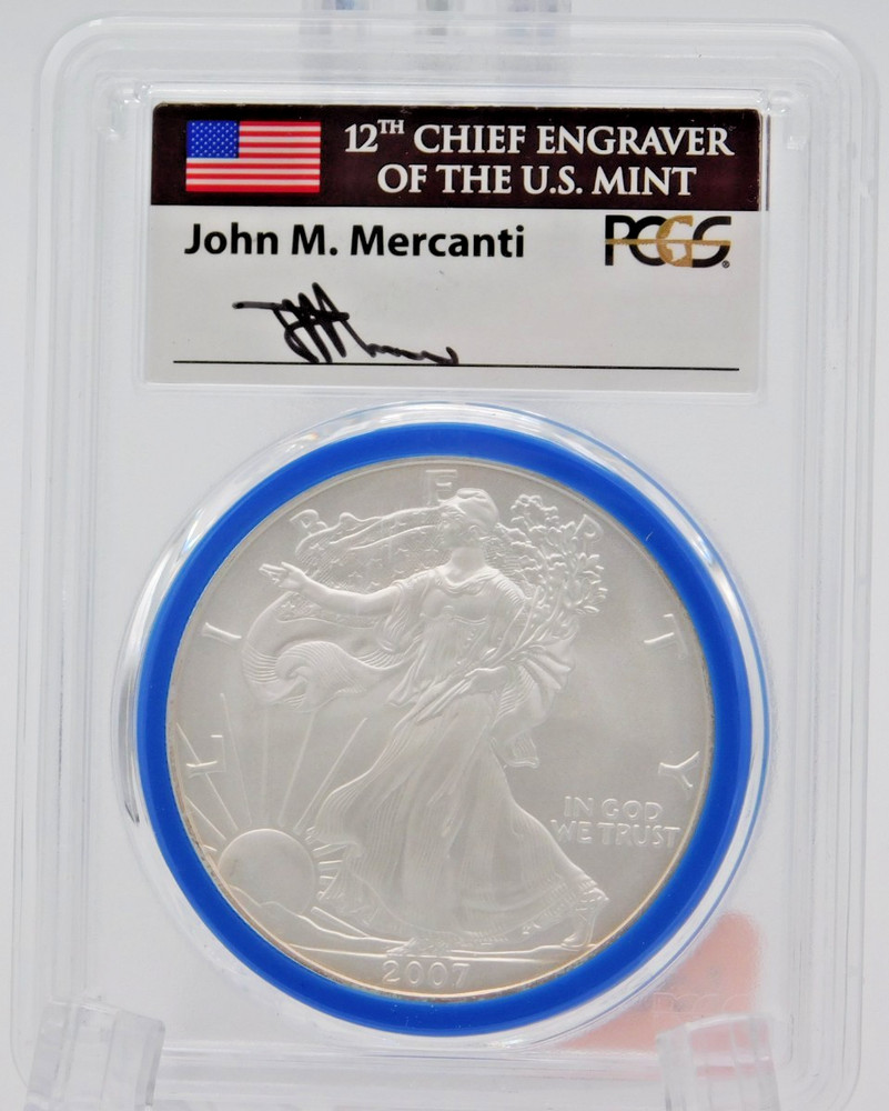 2007-W BURNISHED Silver Eagle PCGS SP70 Mercanti Signed Blue Ring (BT1301)