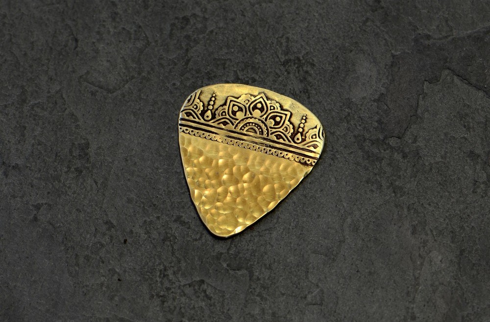 Bronze mandala mendhi guitar pick with sparkling hammered texture - handmade
