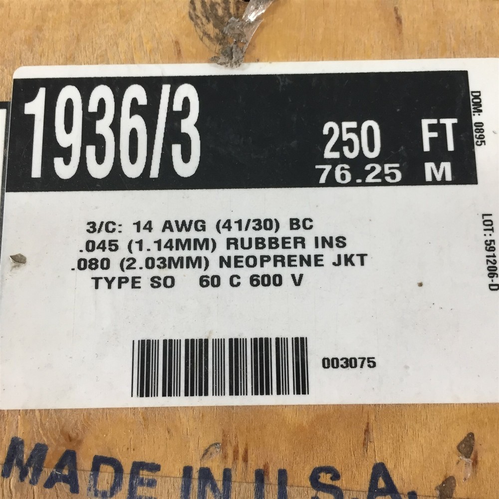 Alpha 1936/3 Multi-Conductor Cable 14awg 3/C Solid 250' Black