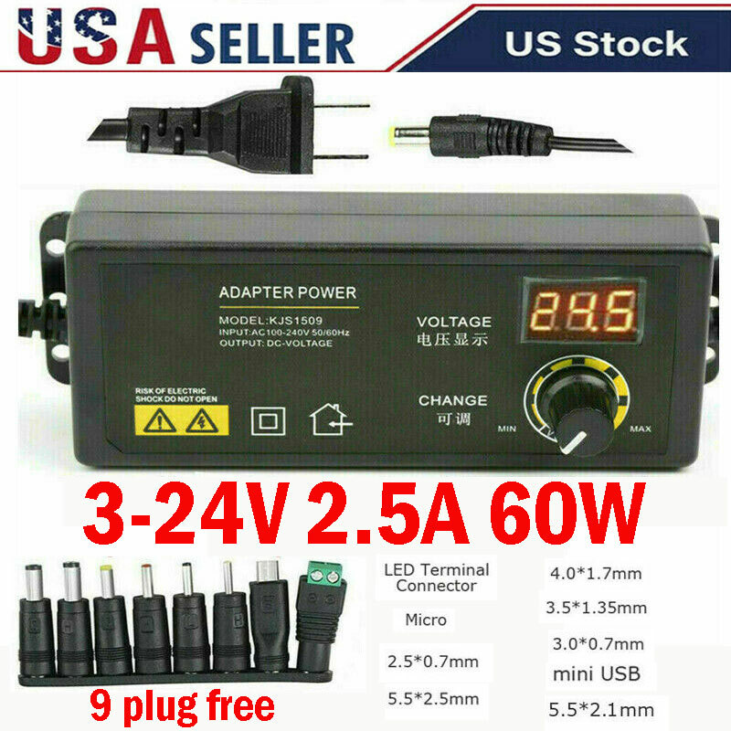 Adjustable Voltage 3 to 24V AC/DC Switch Power Supply Adapter with LED Display