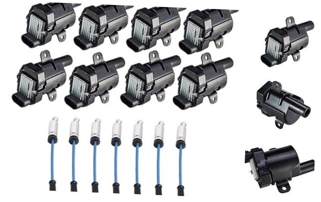 8 Round Ignition Coil Pack and Blue Wire Set Compatible with Chevy GMC