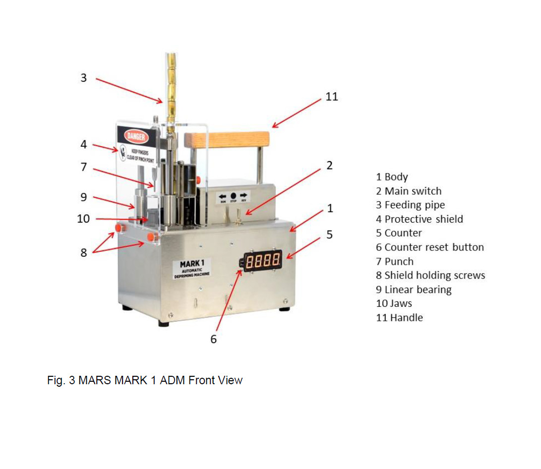 ADM Automatic Depriming Machine: removes Primers from Spent Brass before Reload