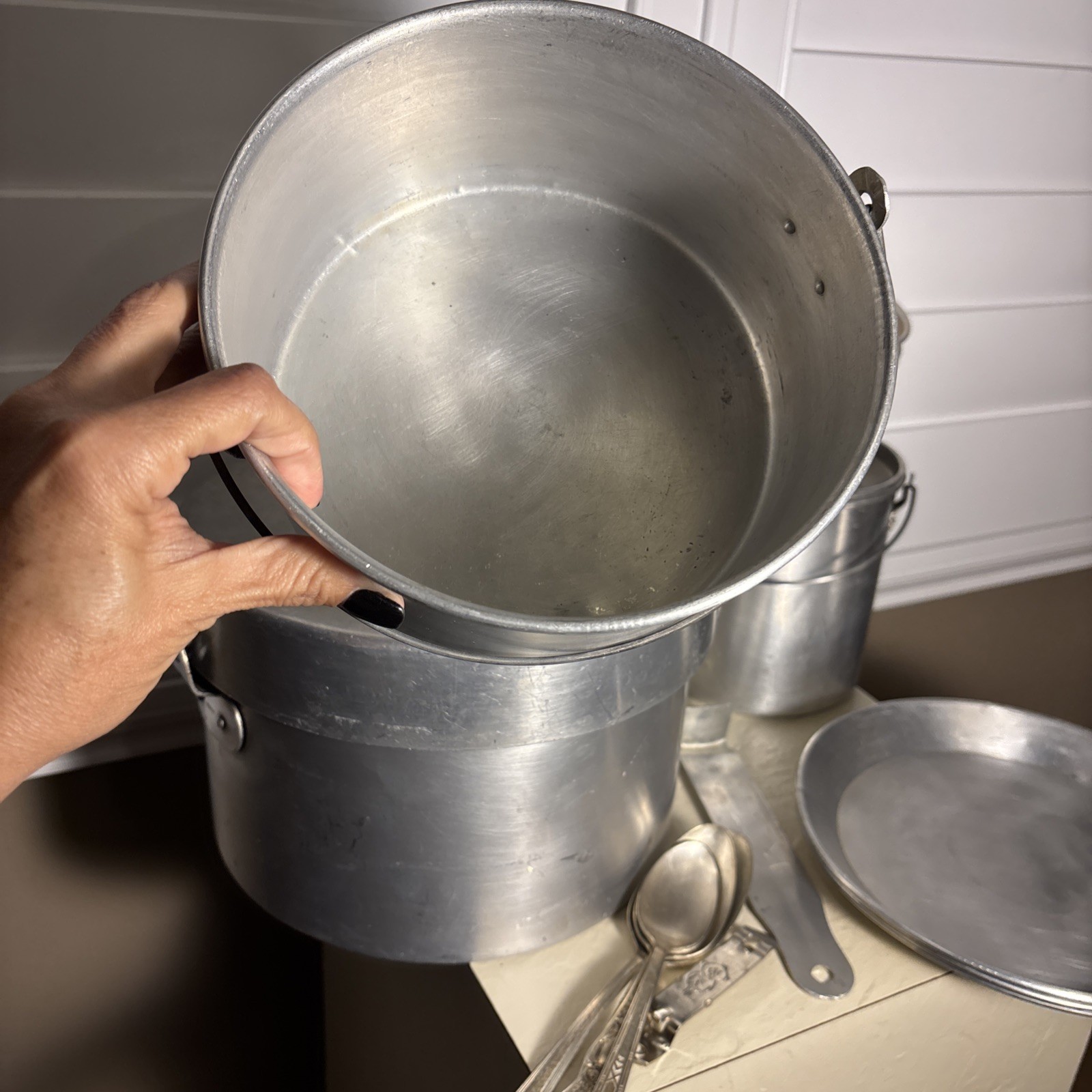 Vintage Aluminum Nesting Camping Mess Set Cooking Pots Plates Cups Set 4 Japan