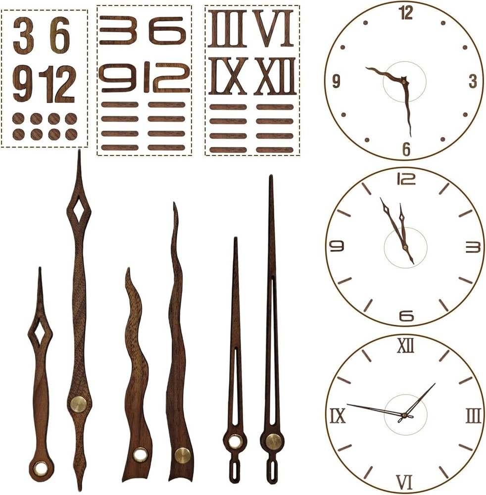 3 Sets Clock Hands and Numerals,  Walnut Wood DIY Digital Clock Numbers Wall ...
