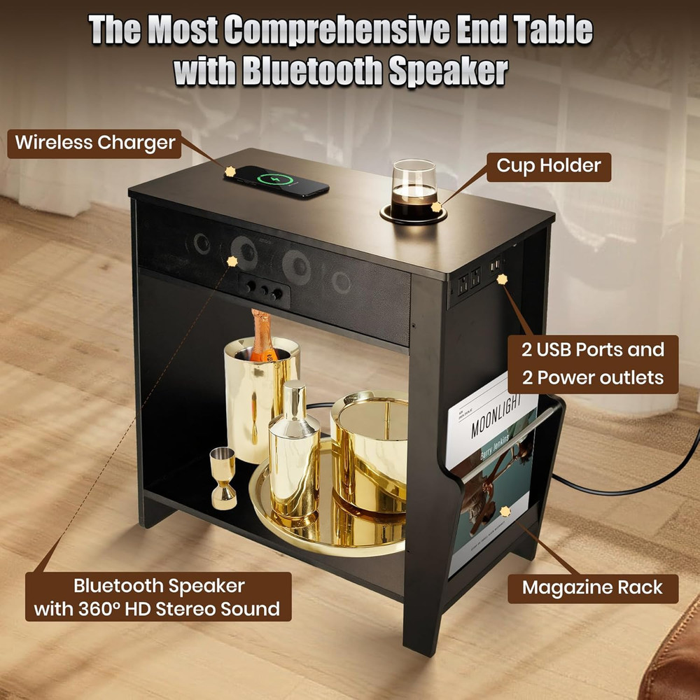 Bluetooth Speaker End Table, Smart End Table with 2 Subwoofer for Deep Bass, Sid