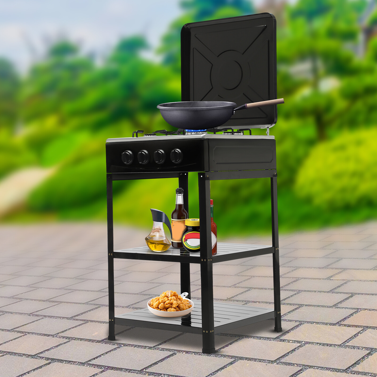 Outdoor 300000 BTU Stove Propane 4 Burner Portable Cooker BBQ Grill Windshelter